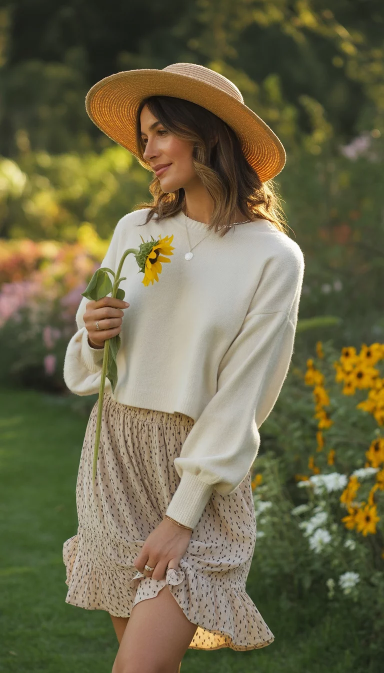 Polka Dots And Ruffled Skirts A beautiful 29-year-old woman in a cream sweater, polka dot ruffled skirt, and beige boots, wearing a wide brim hat in an outdoor garden setting.