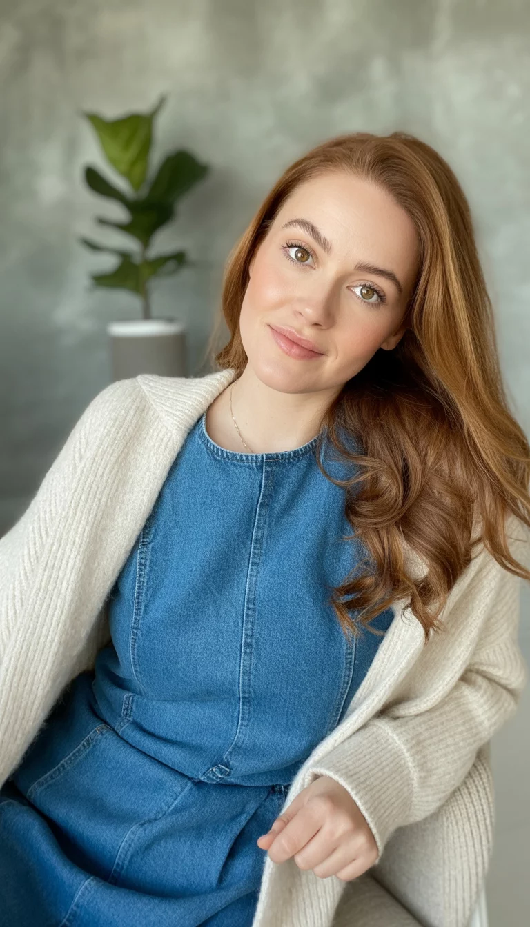 Denim Shift Dresses And Shoulder Knits A beautiful 31-year-old woman in a denim shift dress with a light sweater casually draped over her shoulders, looking relaxed in a studio setting.