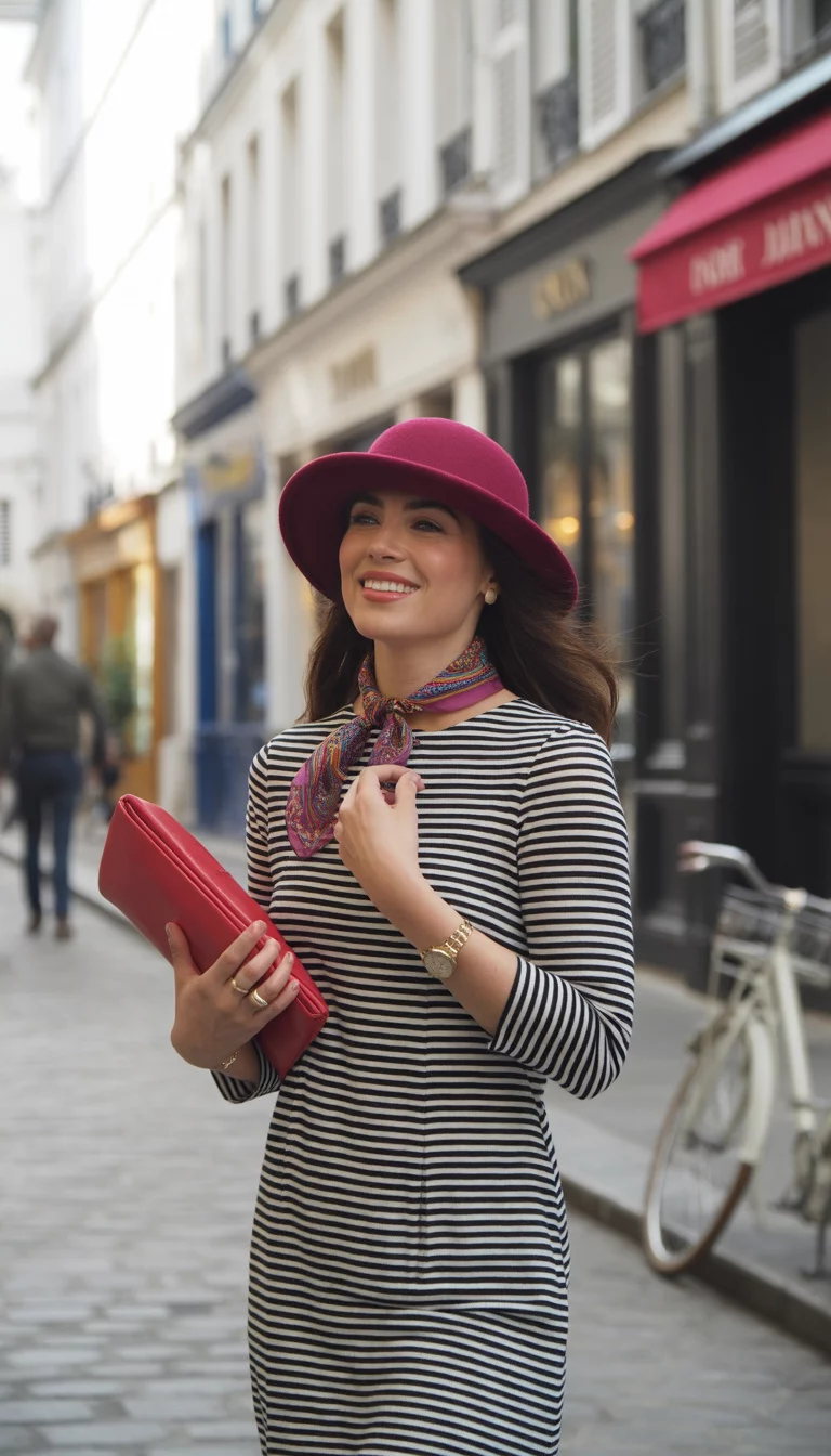 Striped Dresses And Burgundy Accents A beautiful 36-year-old woman in a black and white striped dress, wearing a burgundy hat and a colorful scarf, carrying a red clutch on a cobblestone street.