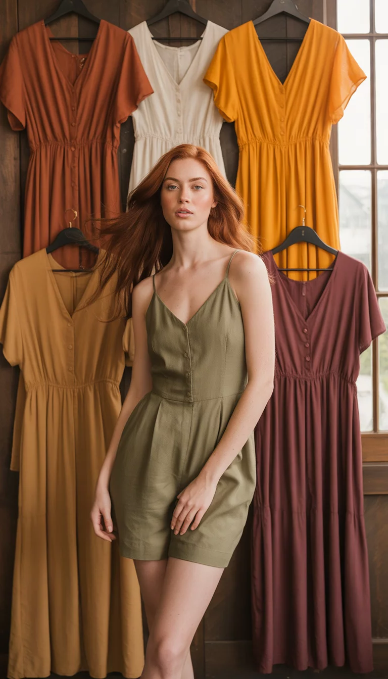Easy Breezy Rompers And Jumpsuits A beautiful 25-year-old woman displaying a collage of six warm weather outfits including dresses, rompers, and a stylish jumpsuit in harvest colors.