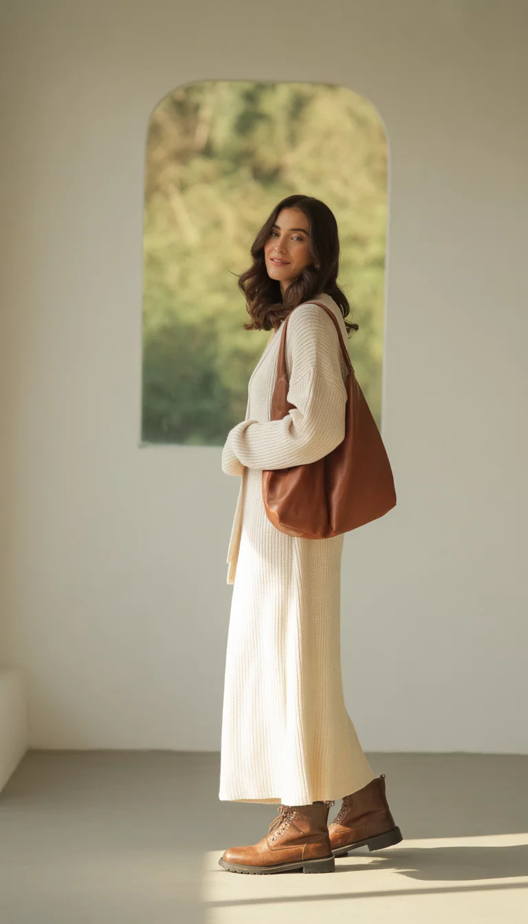 Knit Maxi Dresses And Co-ords A beautiful 28-year-old woman in a cream knit maxi dress and matching cardigan, carrying a brown leather bag and wearing boots in a minimalist interior.