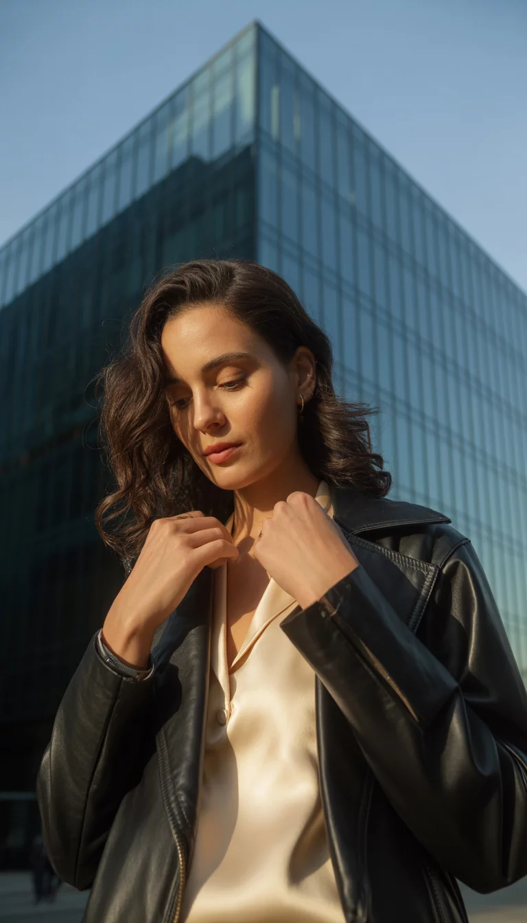 Modern Edge Meets Creamy Knits A beautiful 31-year-old woman in a black leather jacket and cream top, touching her hair while posing in front of a sleek modern glass building with sharp architectural lines.