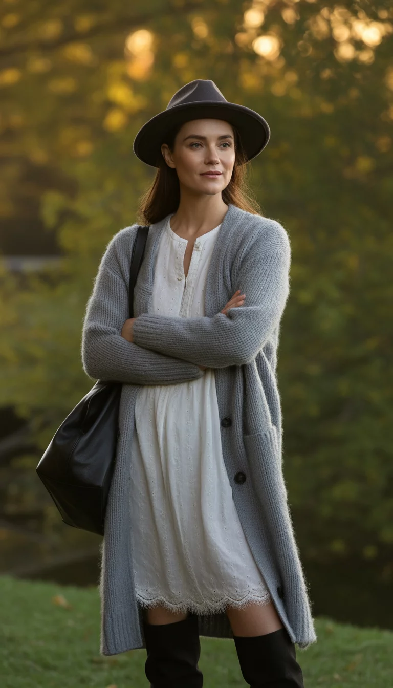 Lace Details And Black Fedoras A beautiful 33-year-old woman in a grey knit cardigan, white lace-trimmed dress, black fedora, and tall black boots, carrying a black leather bag.