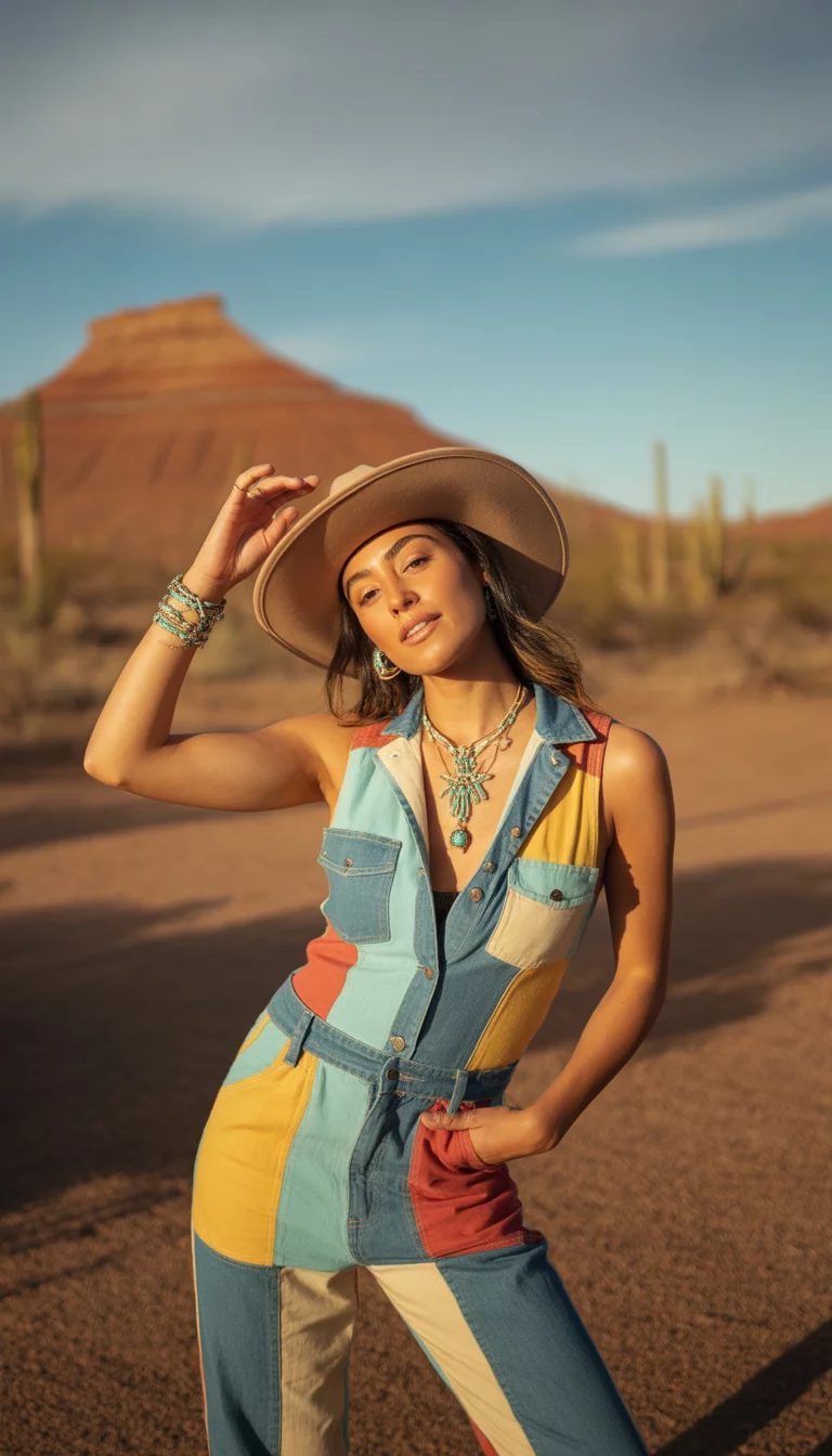 A beautiful 27-year-old woman in a colorful patchwork denim jumpsuit, a tan cowboy hat, and large turquoise jewelry, she poses in a desert landscape.