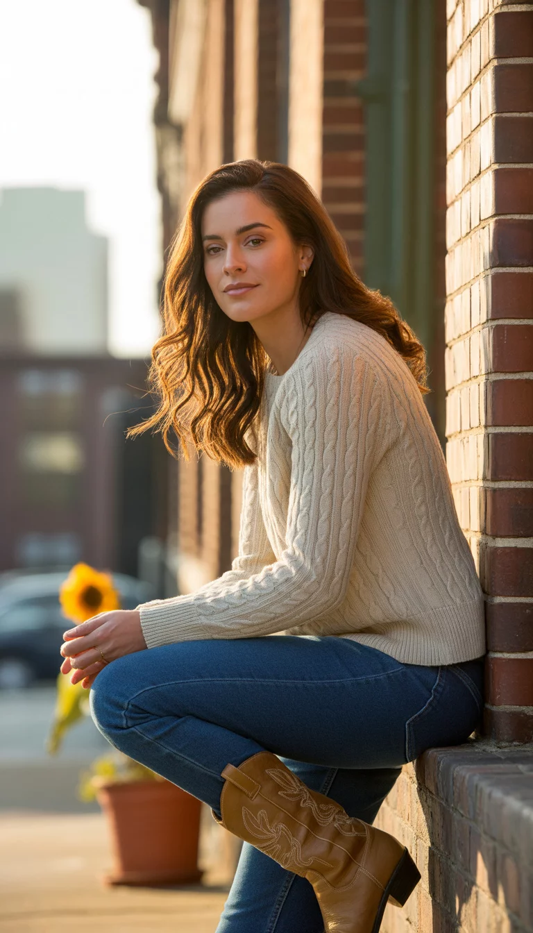 A beautiful 33-year-old woman in a distressed cream cable knit sweater, slim fit blue jeans, and tan leather cowboy boots, she leans against a brick building.