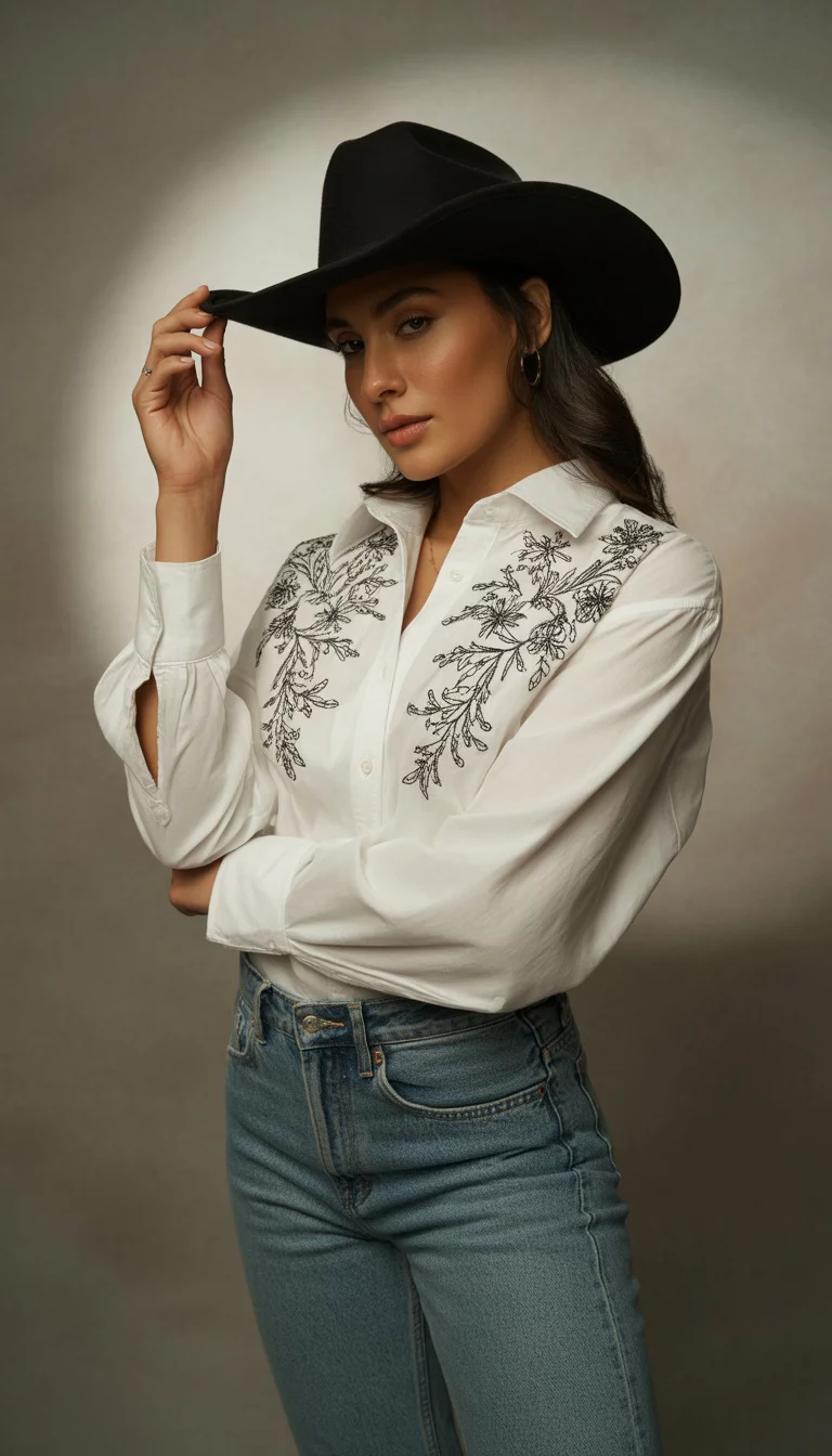 A beautiful 29-year-old woman in a white button-down shirt with black floral embroidery, slim fit jeans, and a wide-brimmed black cowboy hat, she poses against a plain background.