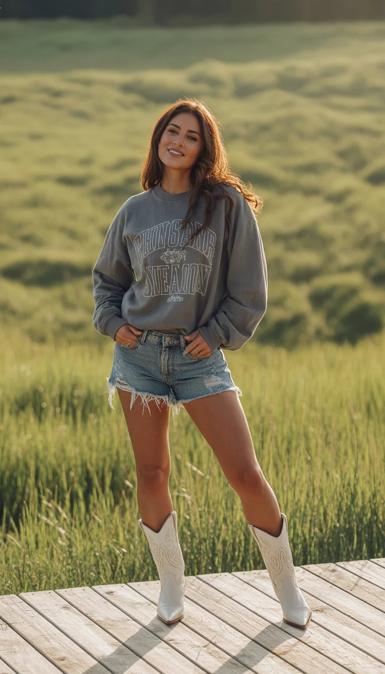 A beautiful 24-year-old woman in a grey graphic sweatshirt, frayed denim shorts, and white pointed-toe cowboy boots, she stands on a wooden deck.