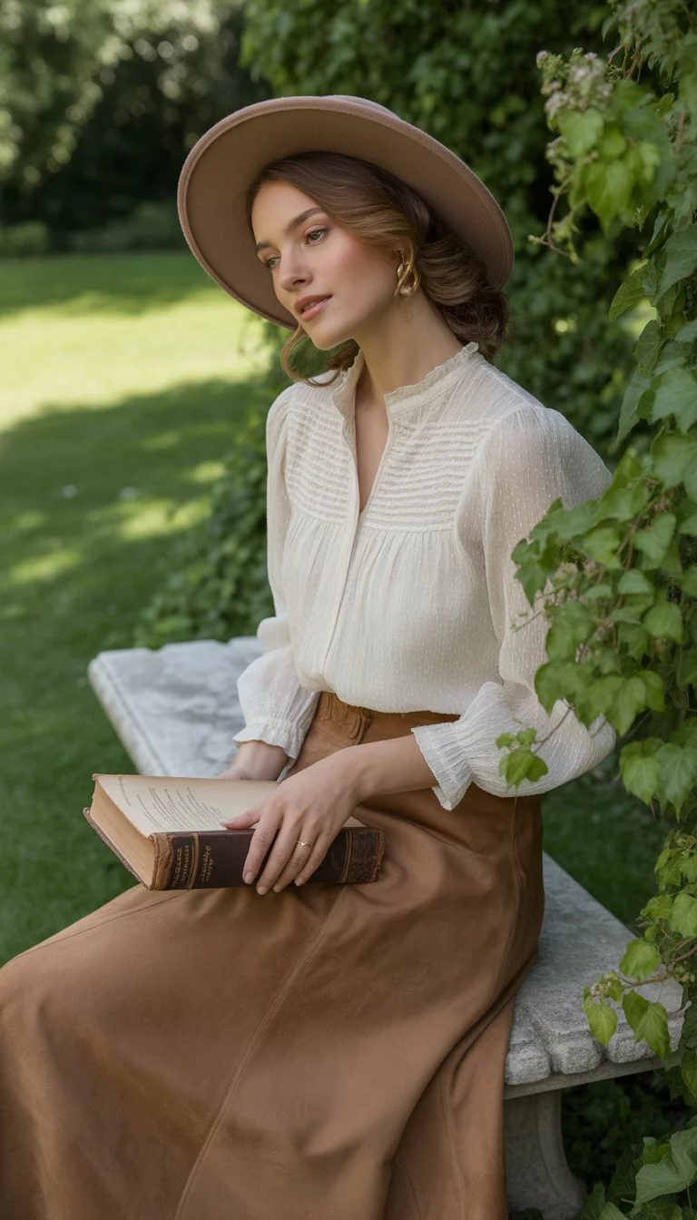 A beautiful 35-year-old woman in a white ruffled Victorian style blouse, a brown suede A-line skirt, and a brown wide-brimmed felt hat, she stands in a green yard.