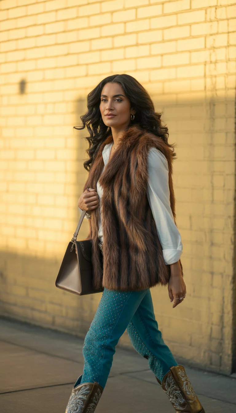 A beautiful 31-year-old woman in a brown faux fur vest, a white long-sleeve shirt, turquoise-studded jeans, and embellished silver cowboy boots, she walks by a yellow wall.