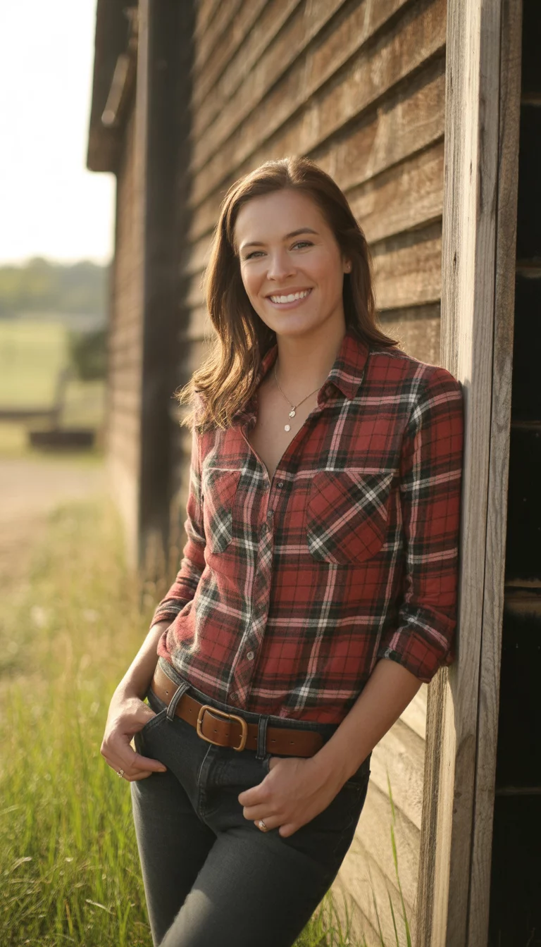 A beautiful 30-year-old woman in a red and black plaid button-down shirt, dark wash jeans, and a brown leather belt, she smiles by a wooden barn.