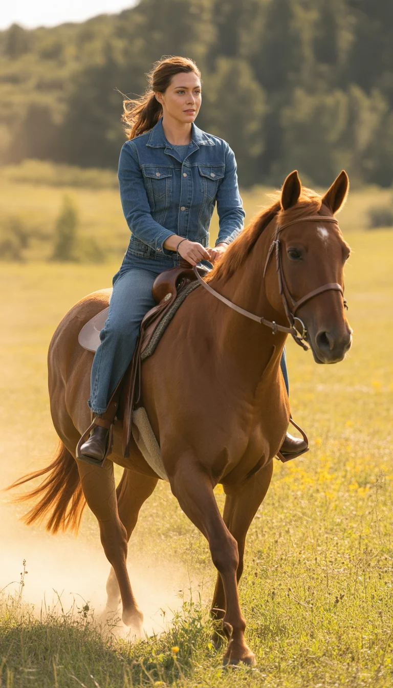 A beautiful 32-year-old woman in a medium wash denim jacket, matching denim jeans, and brown leather riding boots, she rides a chestnut horse in a field.
