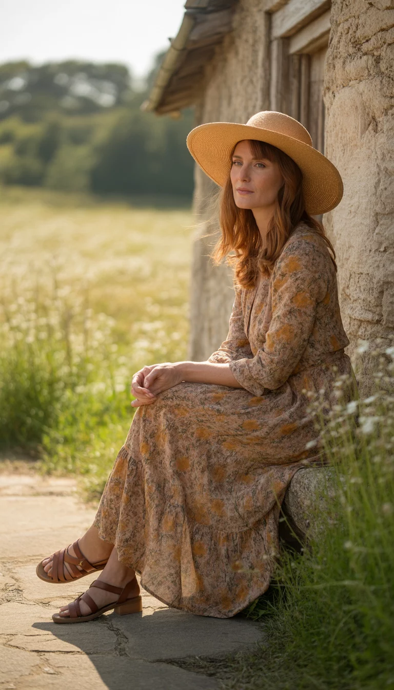 A beautiful 39-year-old woman in a long floral maxi dress with warm earth tones, a wide-brimmed straw hat, and brown leather sandals, she sits by a rustic cottage.