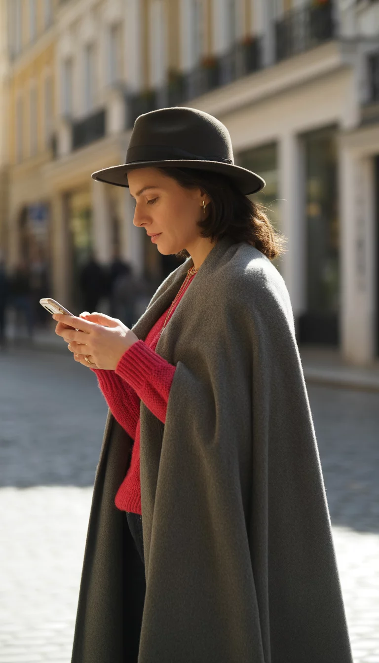 A beautiful 37-year-old woman in a long grey wool cloak, a bright red knit sweater, and a black felt fedora, she checks her phone outdoors.