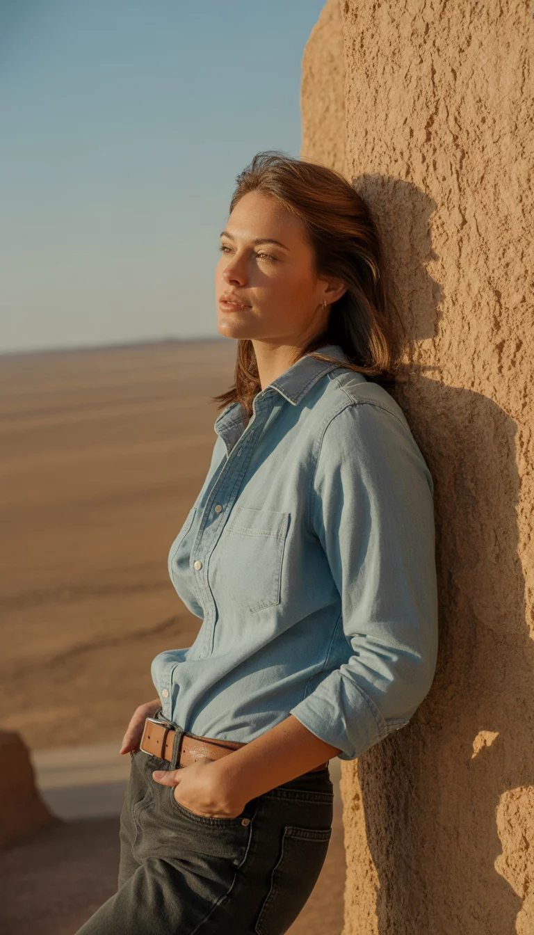 A beautiful 30-year-old woman in a light wash denim button-down shirt, dark wash jeans, and a brown leather belt, she leans against a textured wall in the desert.