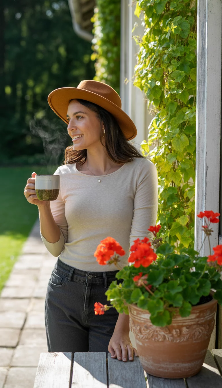 A beautiful 36-year-old woman in a simple beige long-sleeve top, dark denim jeans, and a tan felt hat, she holds a ceramic mug in an outdoor patio setting.