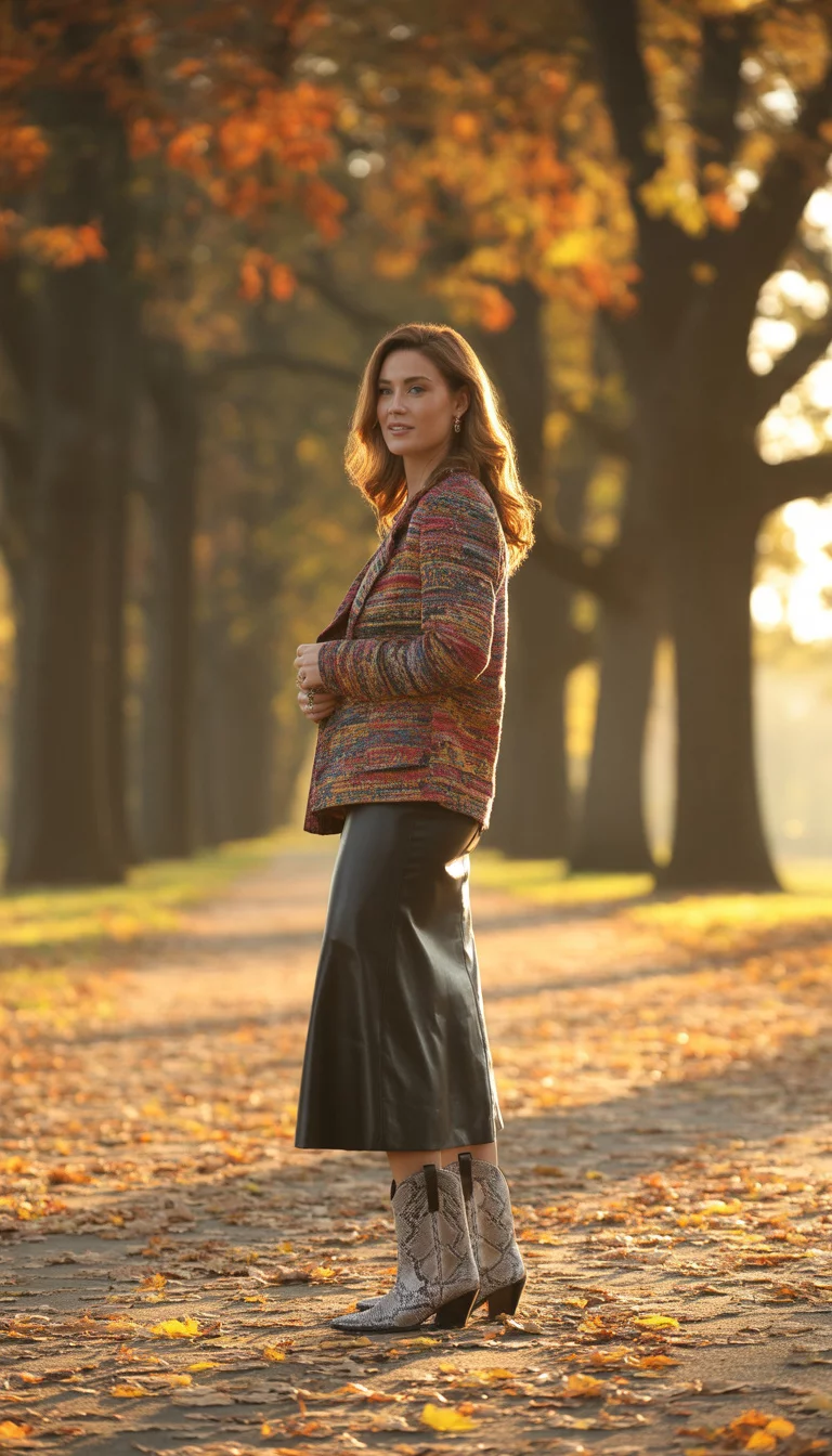 A beautiful 29-year-old woman in a multi-colored patterned tapestry jacket, a black midi skirt, and grey snakeskin cowboy boots, she poses in an autumn park.