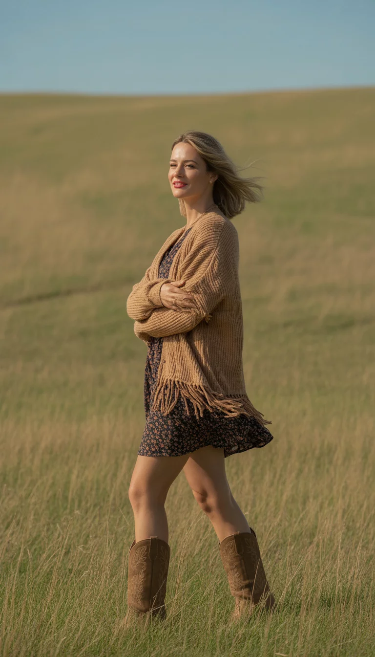 A beautiful 31-year-old woman in a tan fringed knit cardigan, a dark floral mini dress, and tall brown suede cowboy boots, she stands in a golden wheat field.