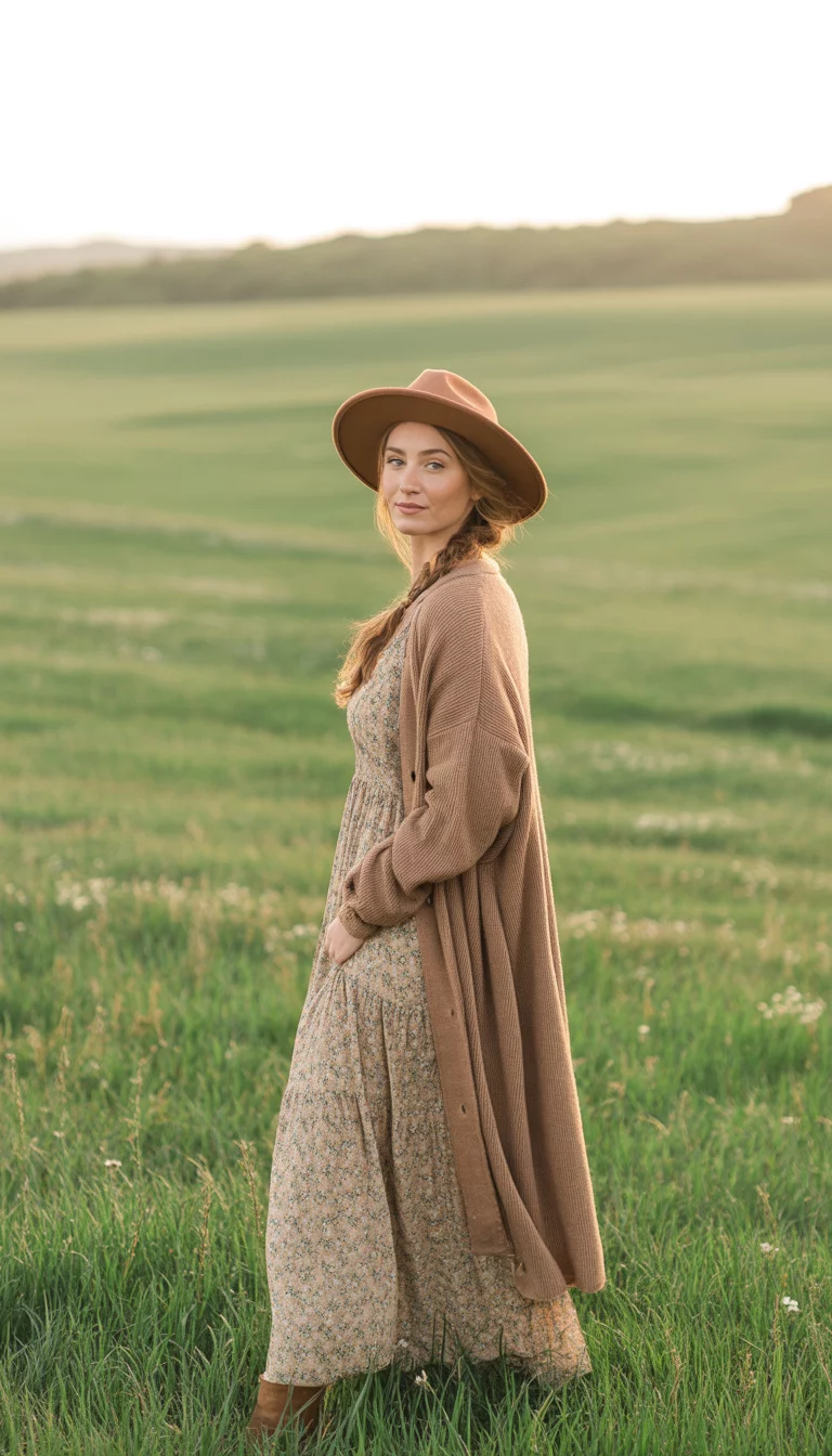 A beautiful 32-year-old woman in a floor-length tan knit cardigan, a vintage floral maxi dress, and a brown wide-brimmed leather hat, she stands in a grassy field.