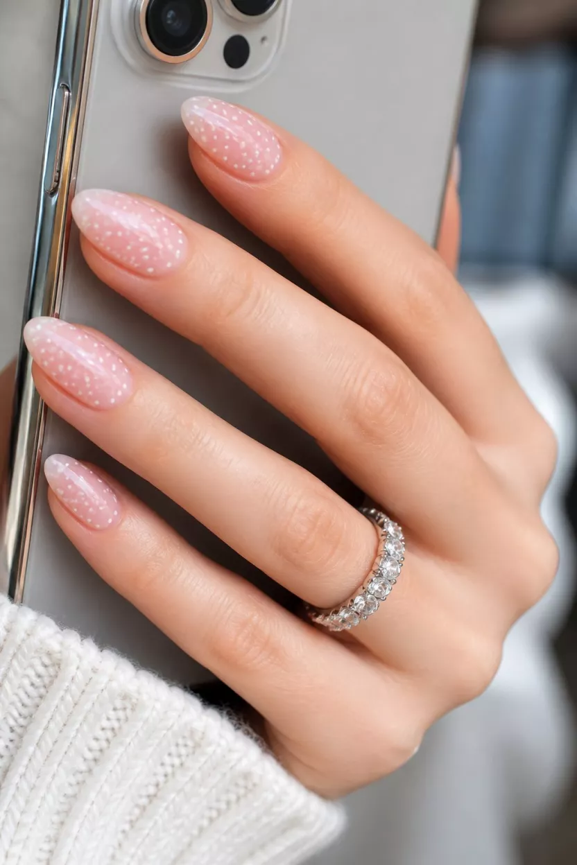 close-up shot of a woman’s hand with five fingers showing medium-length almond nails with a sheer light pink base and delicate white polka dots, hand holding a phone and wearing a silver multi-stone ring