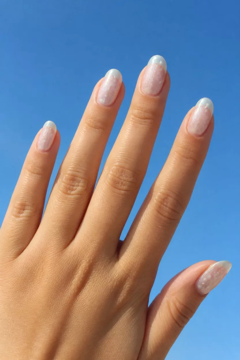 close-up shot of a woman’s hand with five fingers showing oval nails with pearlescent white polish and subtle glitter or white polka dots, background showing a clear blue sky
