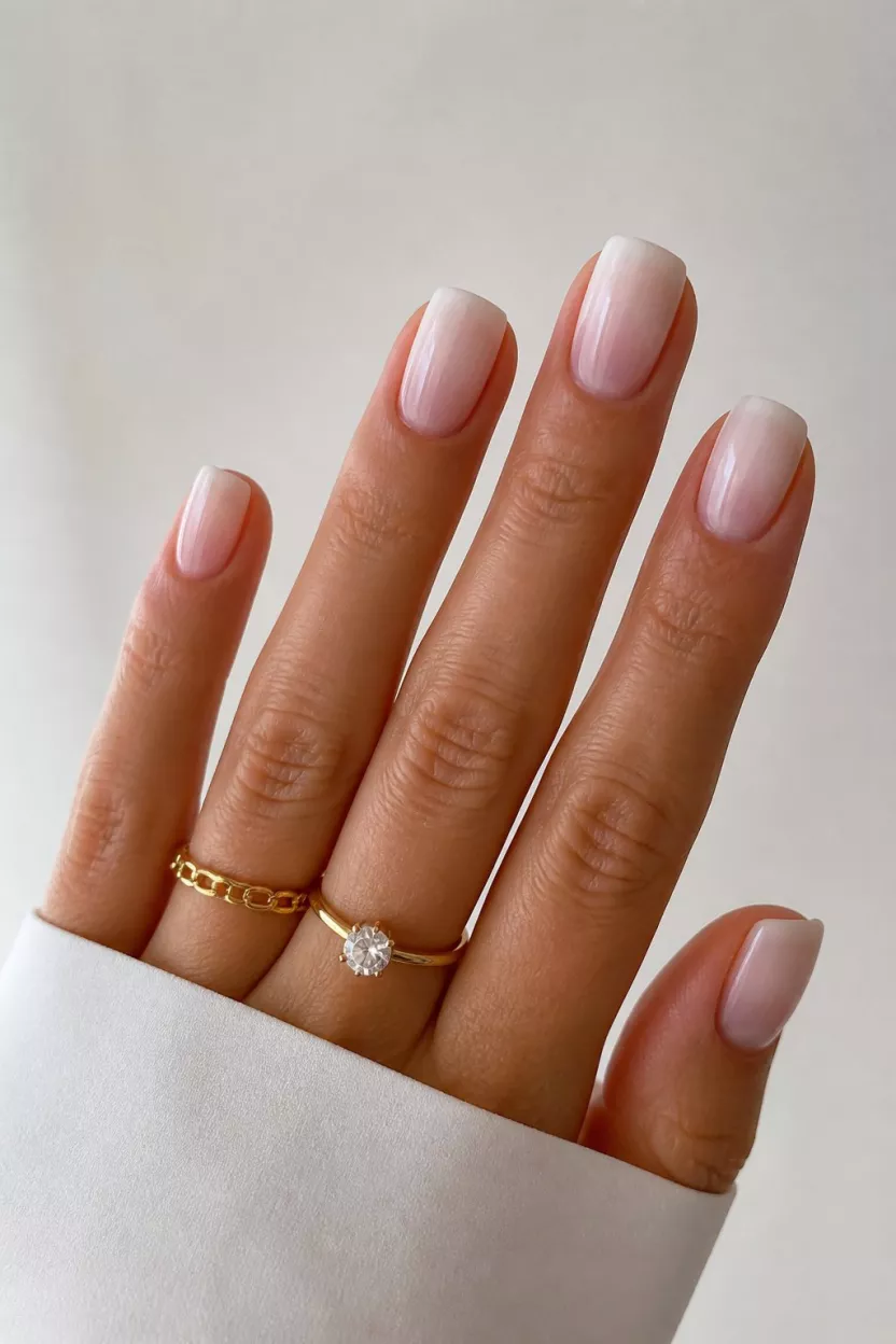 close-up shot of a woman’s hand with five fingers showing short squoval nails with a white to sheer pink ombre, indoors against a plain light background with gold rings