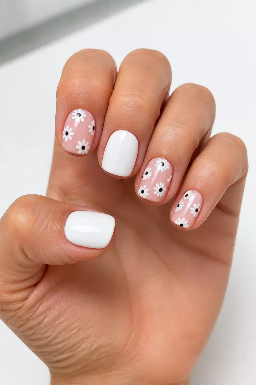 close-up shot of a woman’s hand with five fingers showing short squoval nails with a mix of solid white polish and a light pink base adorned with small white daisies with black centers, white surface background