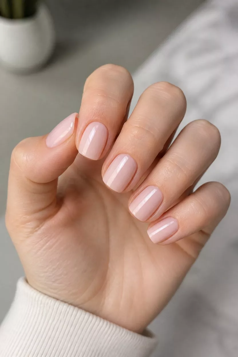 close-up shot of a woman’s hand with five fingers showing short squoval nails polished in a solid glossy pale nude or milky pink color, light muted indoor background