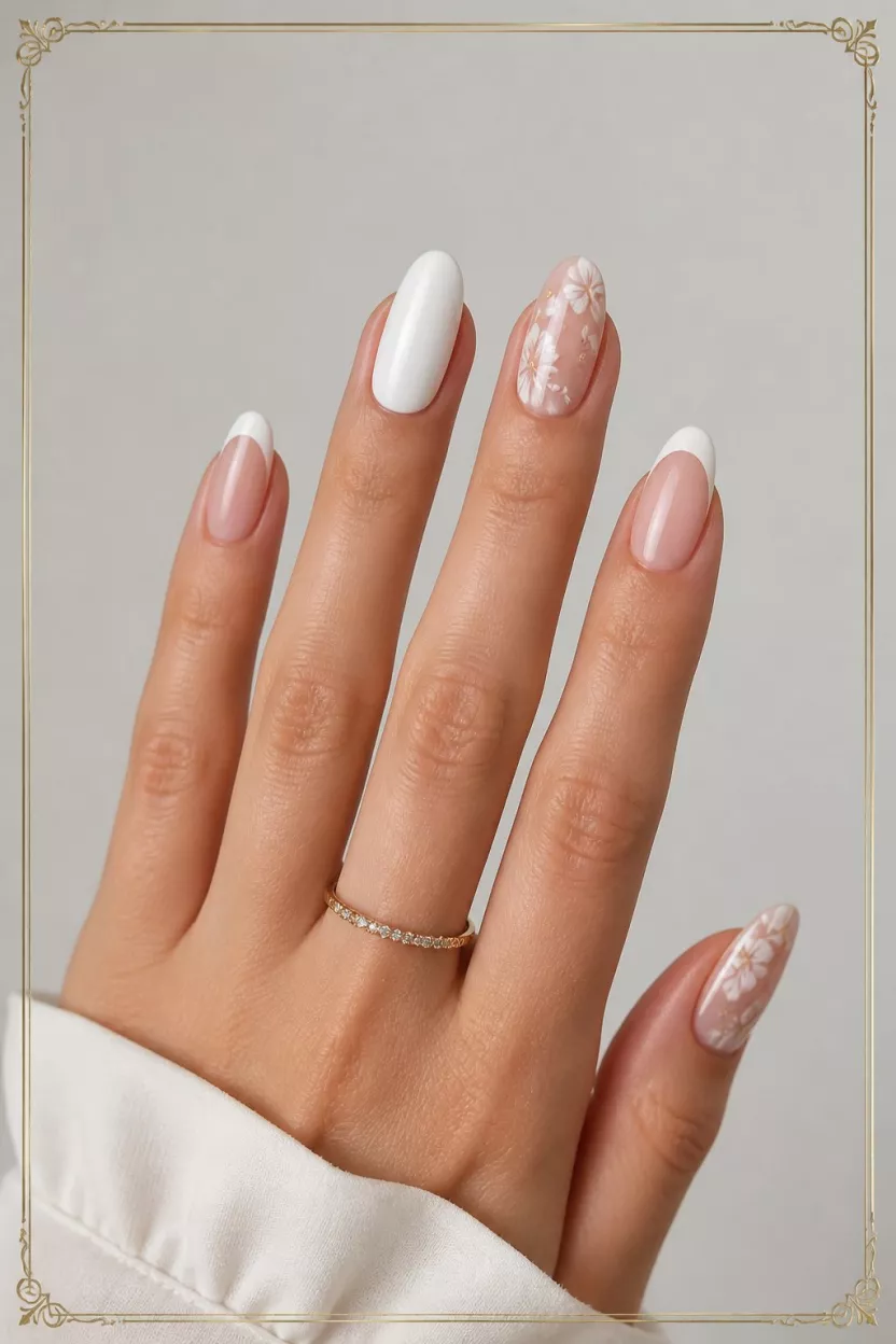 close-up shot of a woman’s hand with five fingers showing several white nail looks including solid white French tips and floral art, light background with a decorative border
