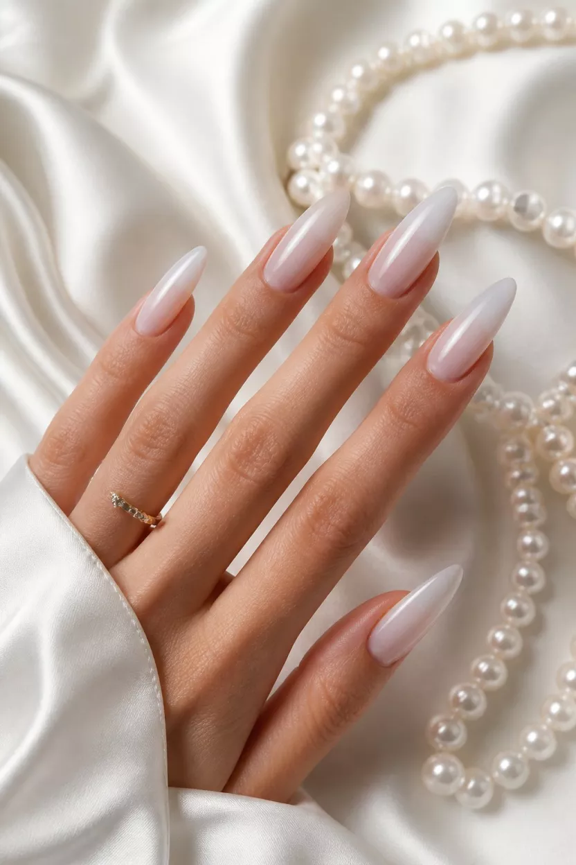 close-up shot of a woman’s hand with five fingers showing long sharp almond nails with a milky white gradient and smooth glossy finish suggesting a luxurious pearl-like effect, elegant white satin and pearls background