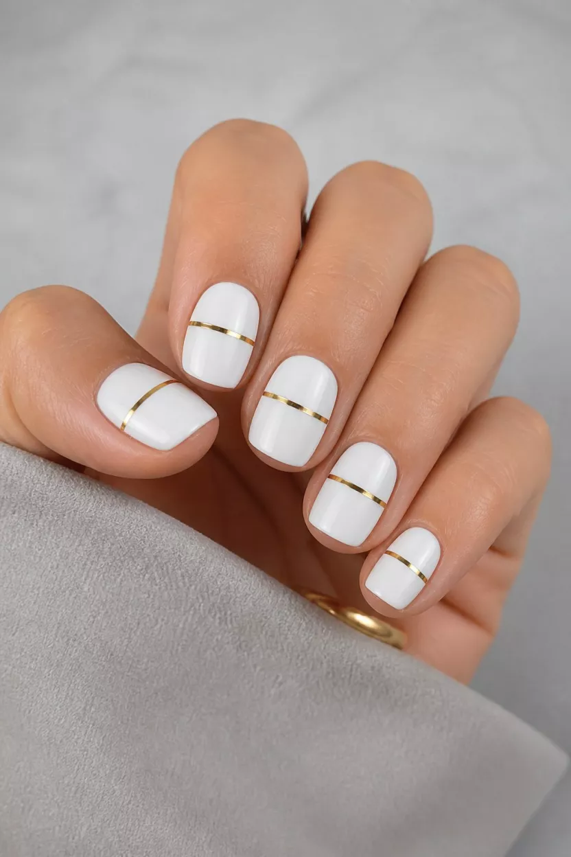 close-up shot of a woman’s hand with five fingers showing short square nails painted solid white each featuring a single thin horizontal gold line across the center, light gray setting