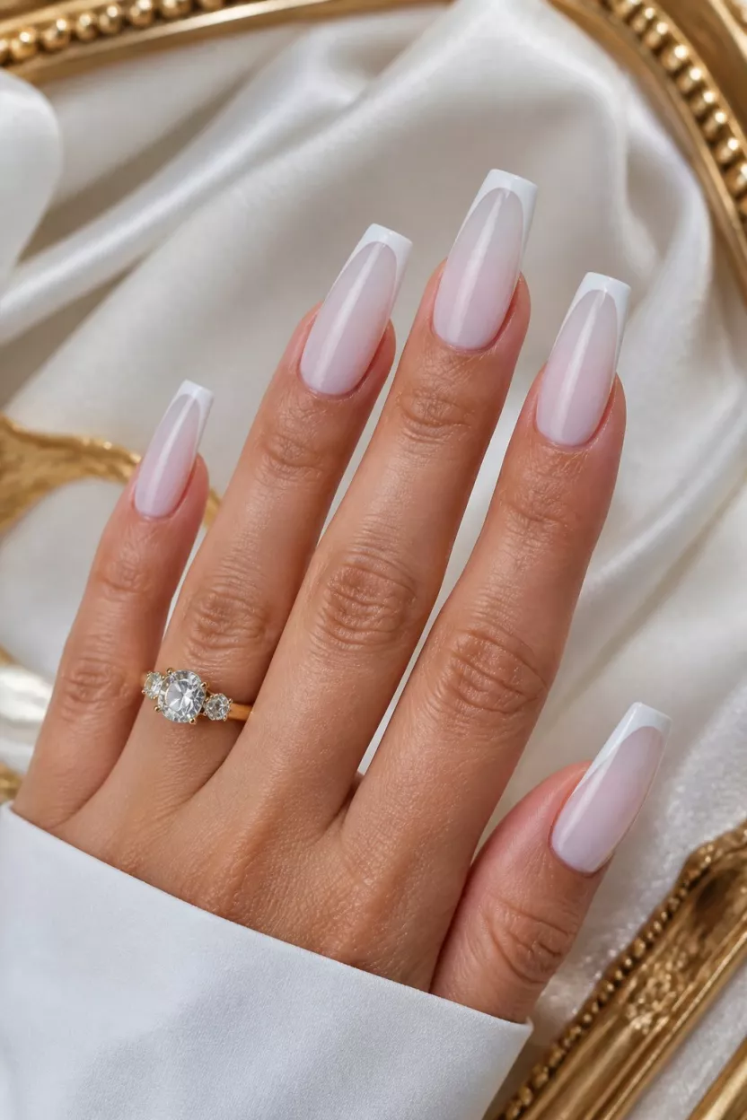 close-up shot of a woman’s hand with five fingers showing long coffin-shaped nails with a milky white polish and a crisp white French tip overlay, luxurious white fabric with gold accents background