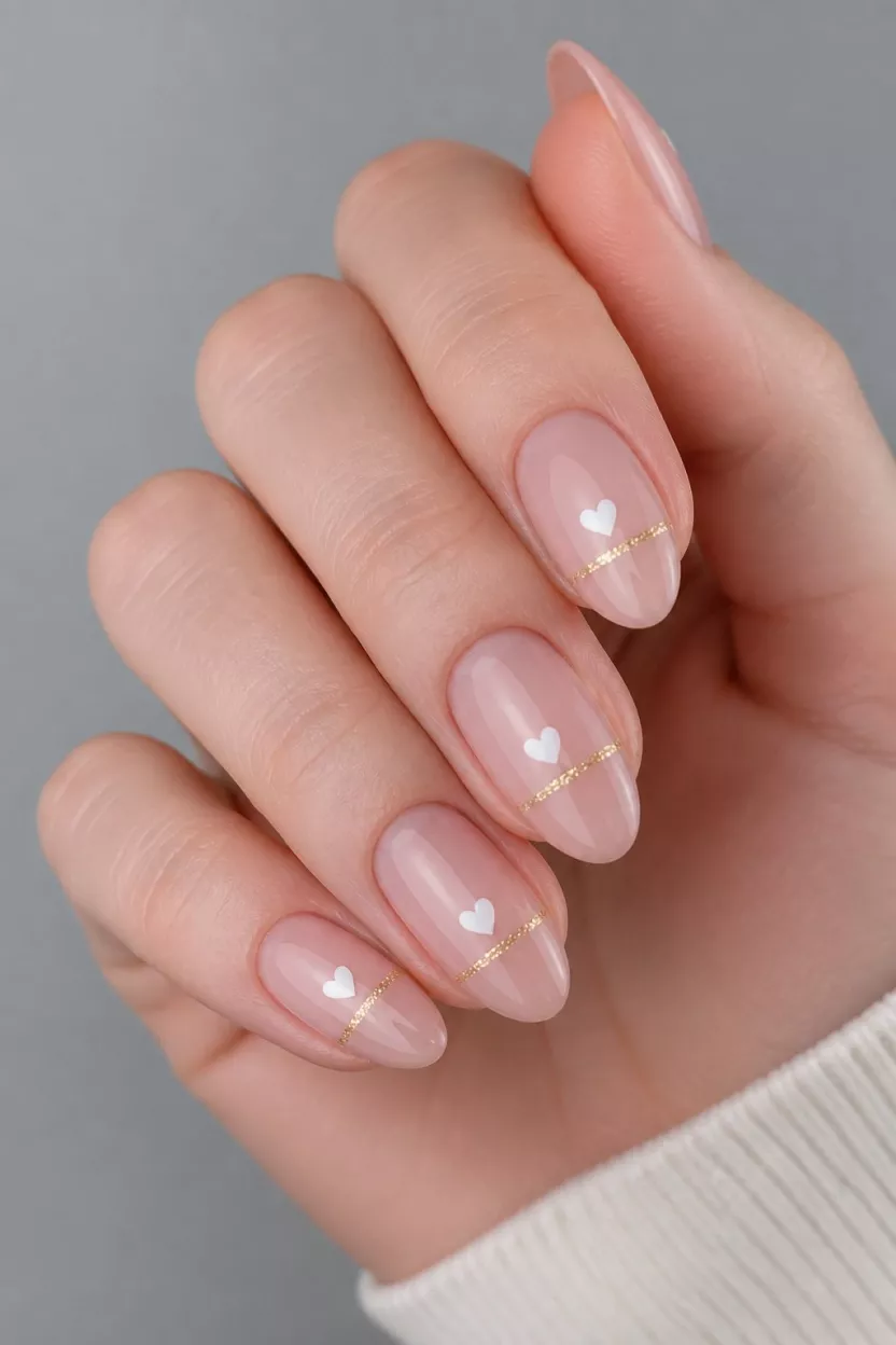close-up shot of a woman’s hand with five fingers showing almond-shaped natural-toned nails with tiny white hearts centered above a thin sparkling gold line, muted gray surface background