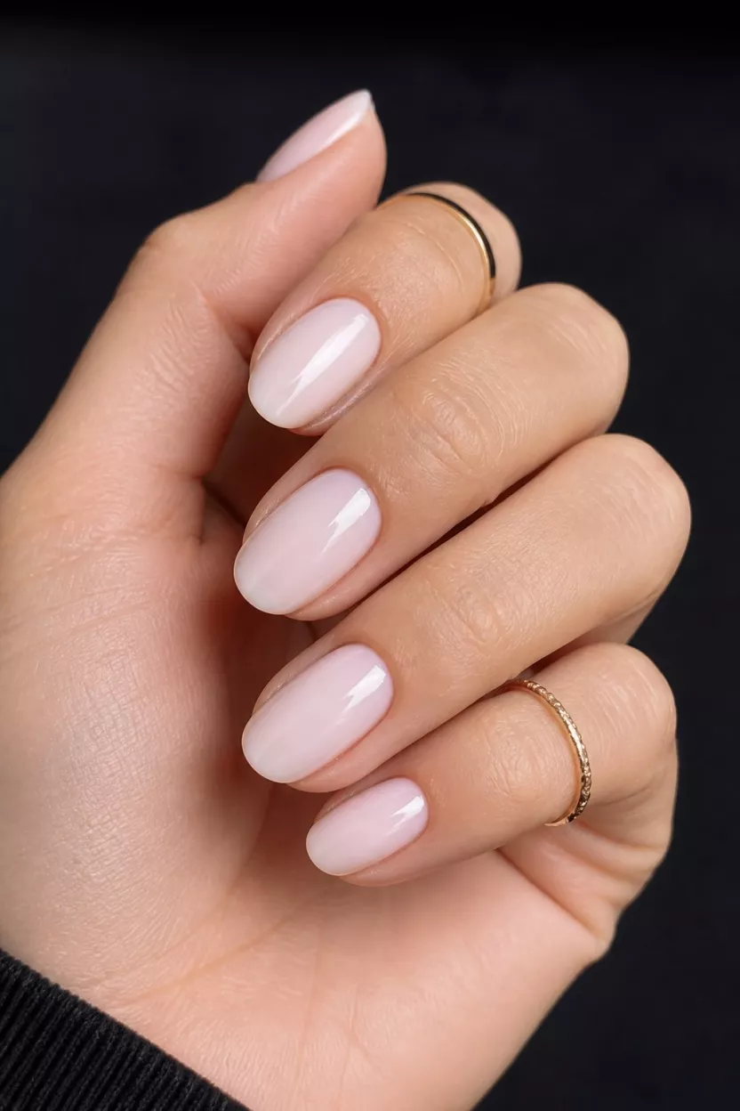 close-up shot of a woman’s hand with five fingers showing oval nails with sheer milky white polish, hands posed closely against a dark background with small delicate rings