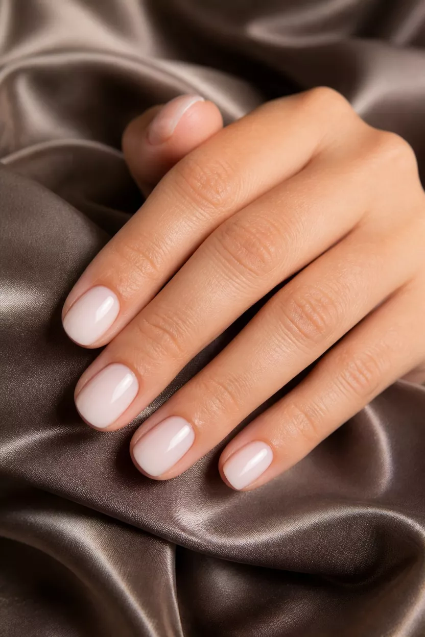 close-up shot of a woman’s hand with five fingers showing short oval nails painted a solid glossy milky white pale pink color, hand resting on draped shimmering taupe brown satin fabric
