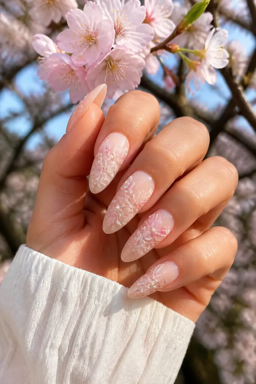 close-up shot of a woman’s hand with five fingers showing long pointed oval nails with a pale nude base and delicate white and pink floral designs accented by small pearls, outdoors near sunlit cherry blossoms