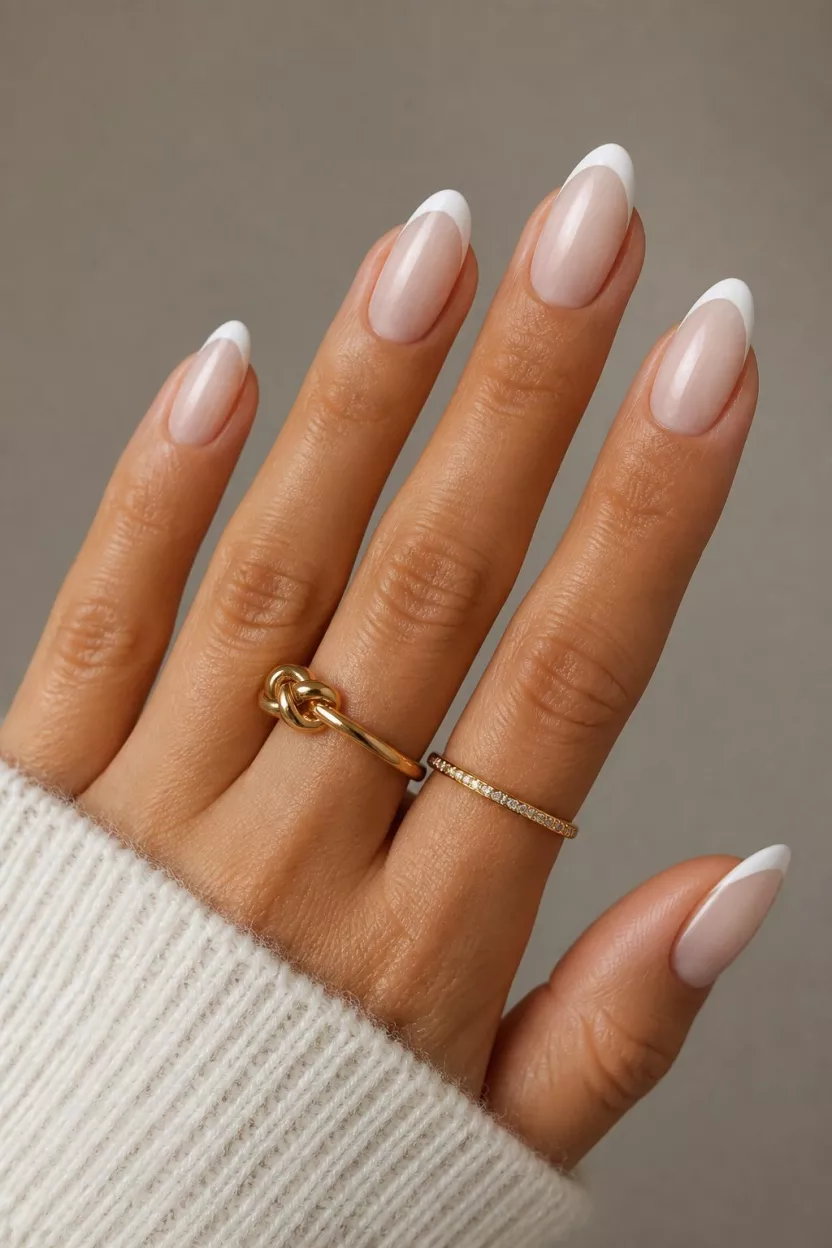 close-up shot of a woman’s hand with five fingers showing elegant almond nails with a sheer milky base and a defined thin white French tip, hand adorned with gold-toned knot and diamond-accented rings against a neutral background