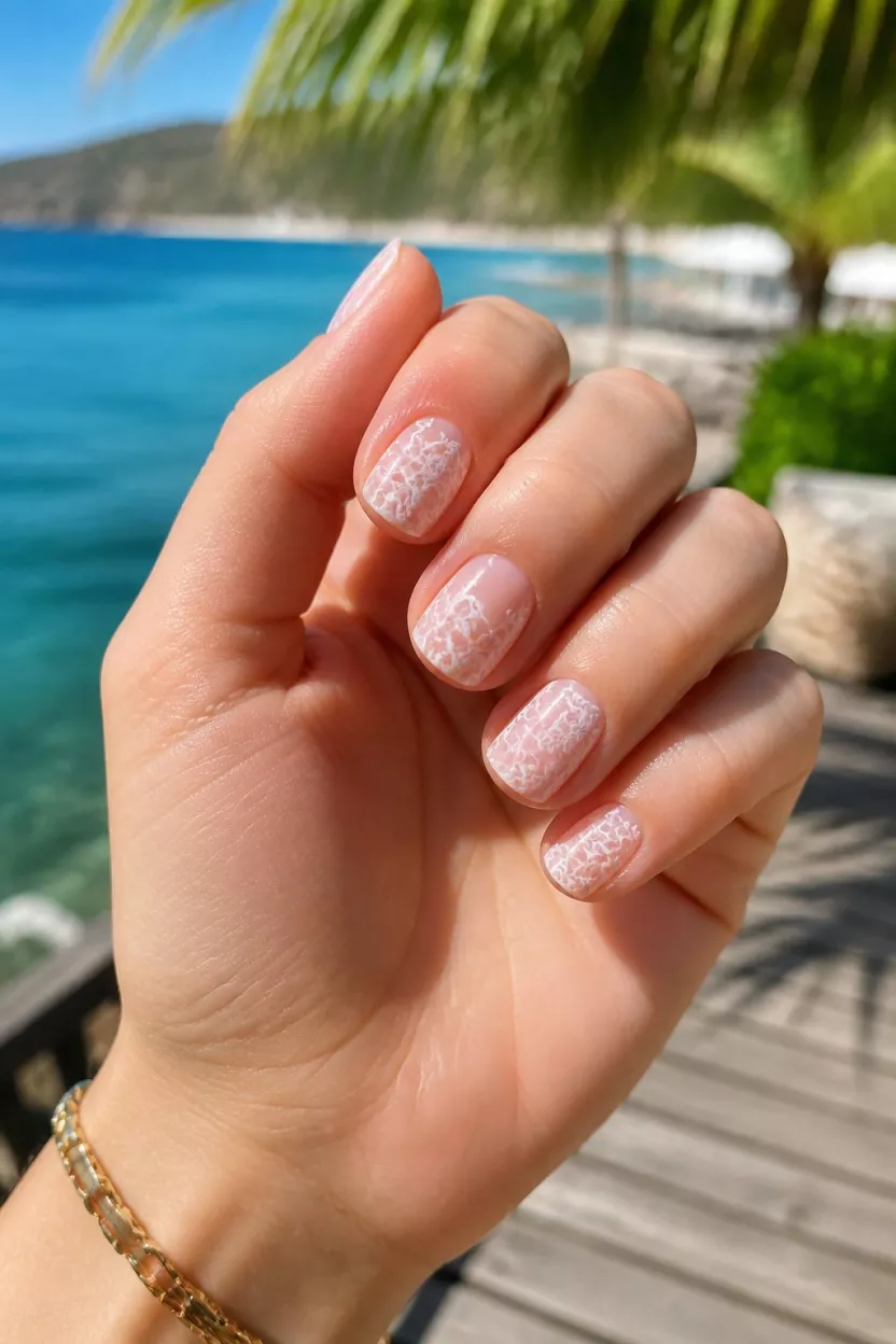 close-up shot of a woman’s hand with five fingers showing short squoval nails with a pale pink base and white lace-like floral patterns, sunny outdoor resort setting near blue water