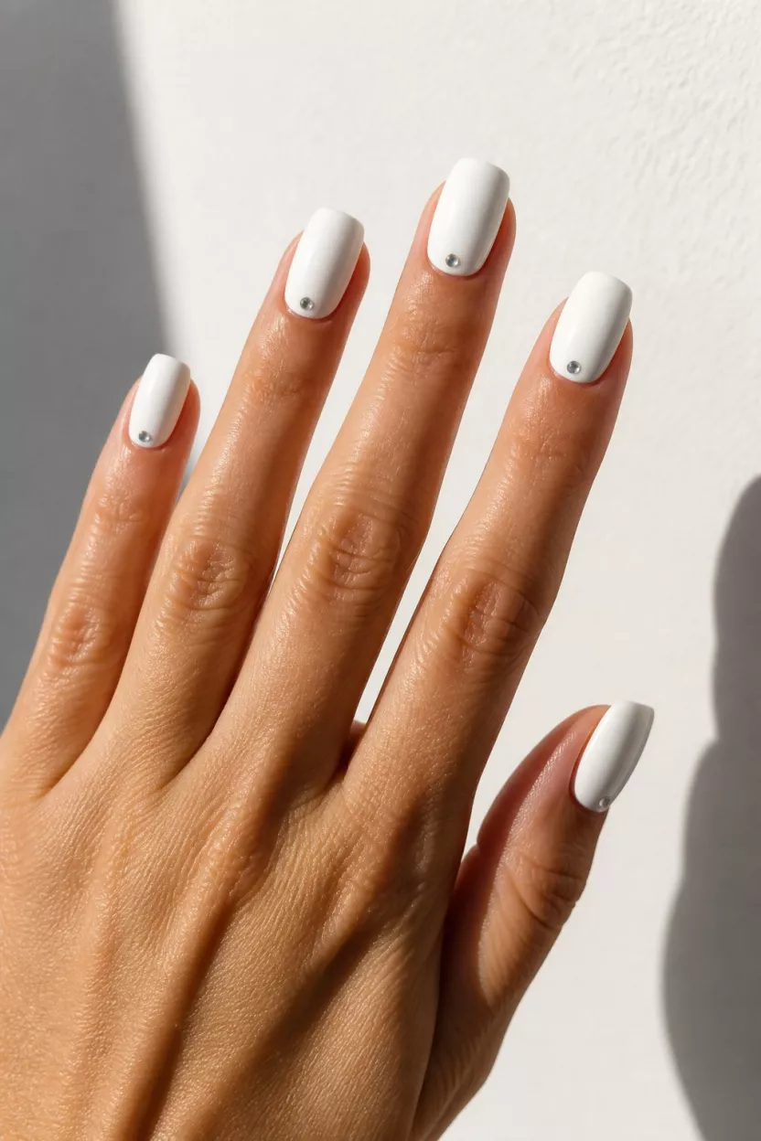 close-up shot of a woman’s hand with five fingers showing medium-length square nails painted solid white with small silver studs near the cuticle, hand held in sunlight against a bright white wall