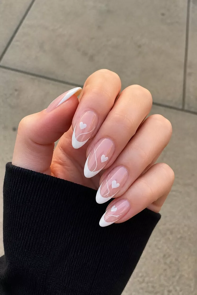 close-up shot of a woman’s hand with five fingers showing almond-shaped nails with a French tip design accented with delicate white swirling lines and small white hearts over a sheer base, outdoors on pavement background