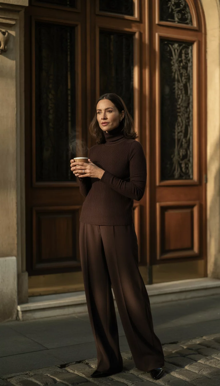 A beautiful 40-year-old woman in a dark brown turtleneck sweater and matching dark brown wide-leg pants, holding a coffee outside a building with ornate doors.