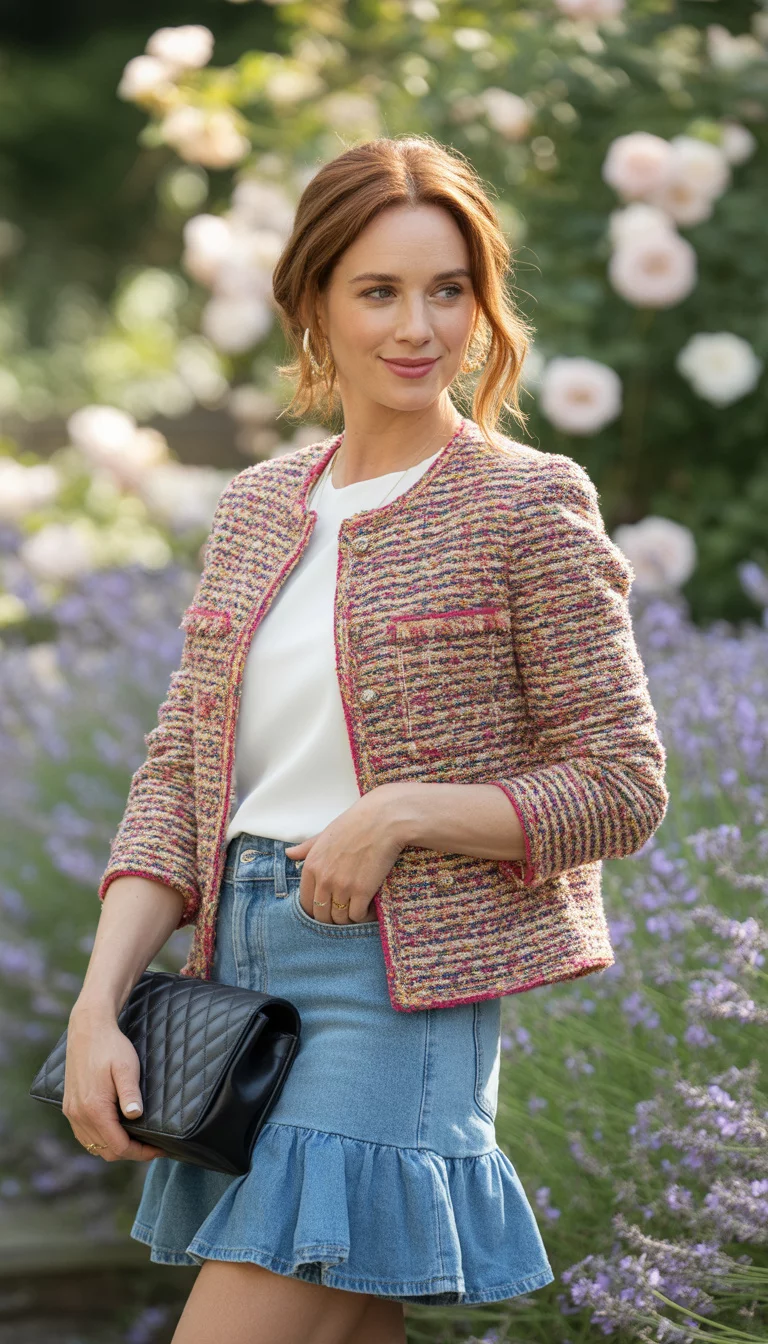 A beautiful 38-year-old woman in a colorful tweed jacket, a white top, and a ruffled denim skirt, holding a black quilted handbag.