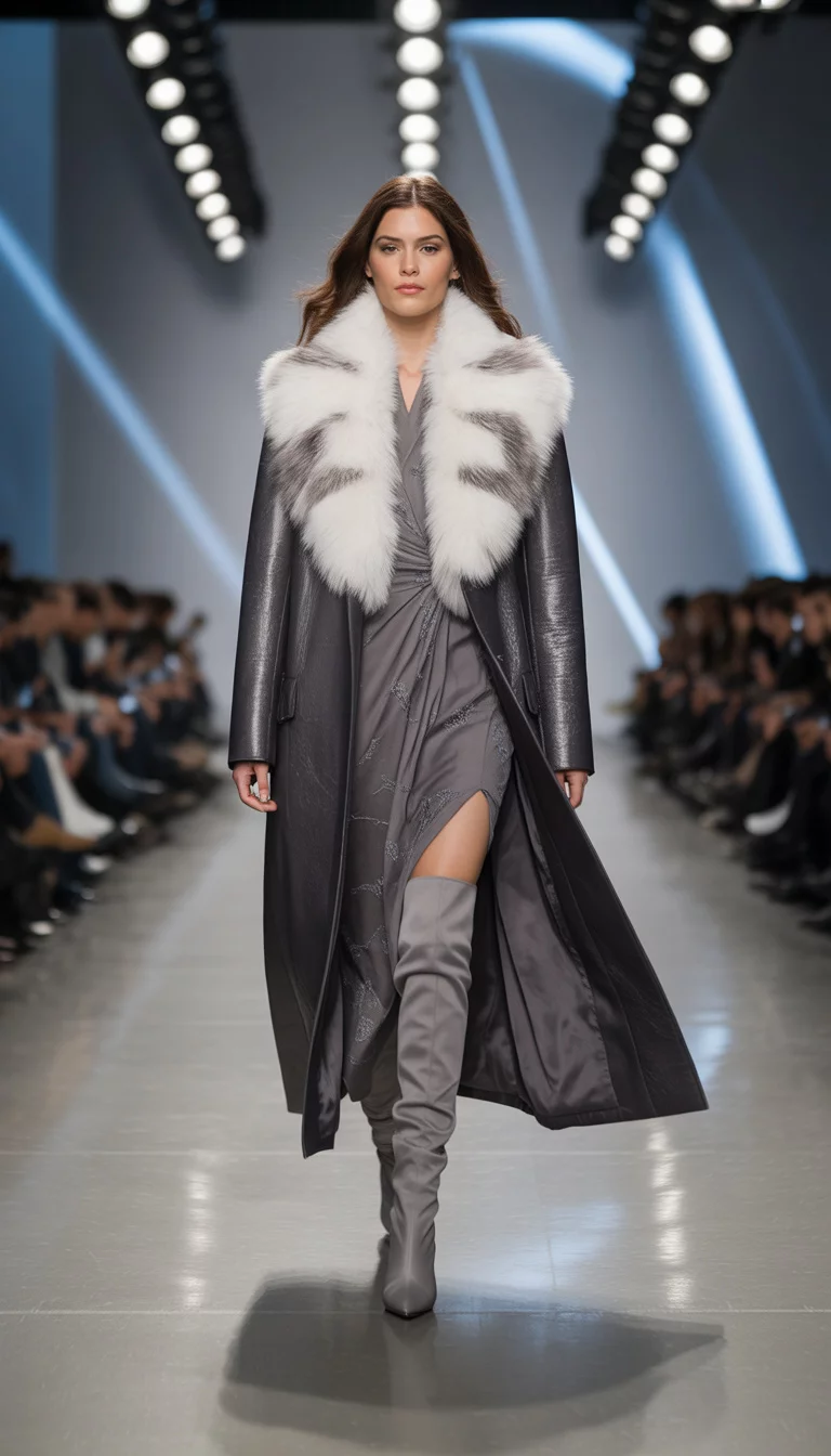 A beautiful 28-year-old woman in a dark leather-look coat with a fur collar over a grey patterned dress, and thigh-high grey boots, walking on a runway.