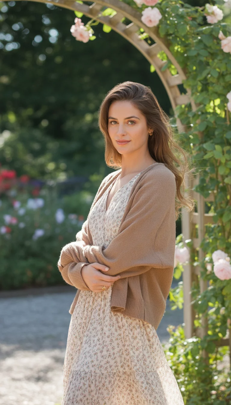 A beautiful 26-year-old woman in a floral dress and a tan cardigan, standing in an outdoor garden setting.