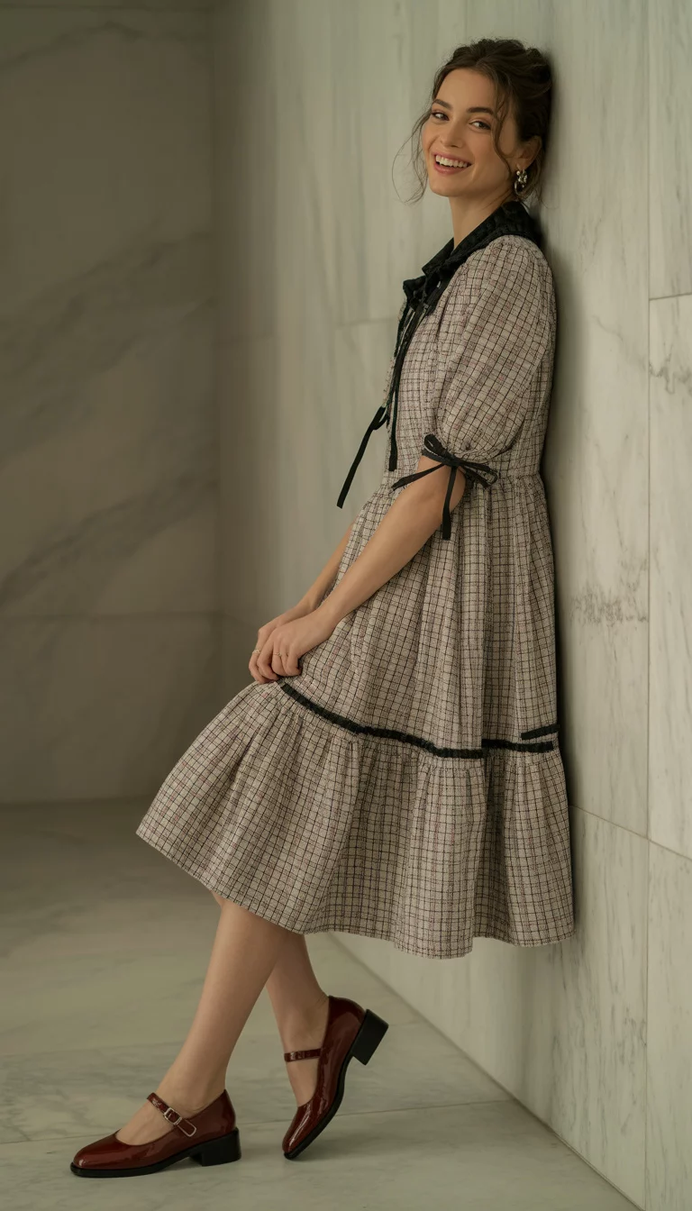 A beautiful 23-year-old woman in a plaid tiered dress with black ribbon accents and red Mary Jane shoes, posing against a marble wall.
