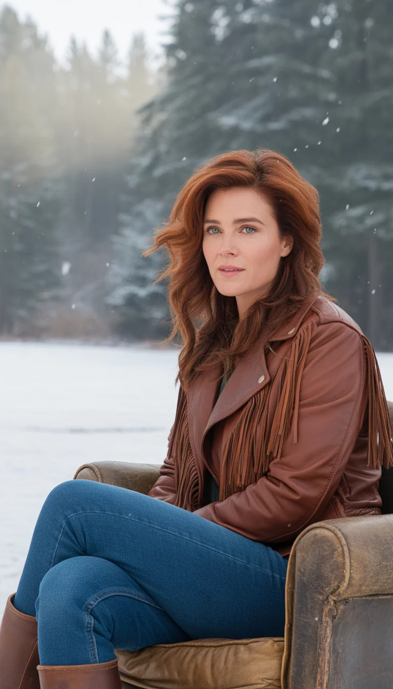 A beautiful 37-year-old woman in a brown leather fringe jacket, blue jeans, and brown boots, sitting in an armchair in a snowy outdoor setting.