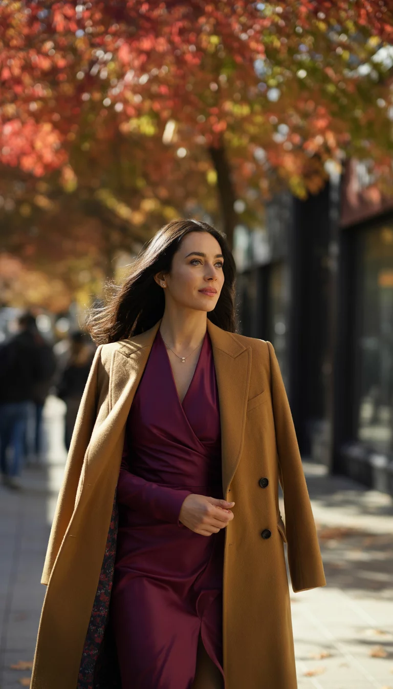 A beautiful 29-year-old woman in a burgundy dress and tan overcoat, walking down a sidewalk lined with fall foliage.