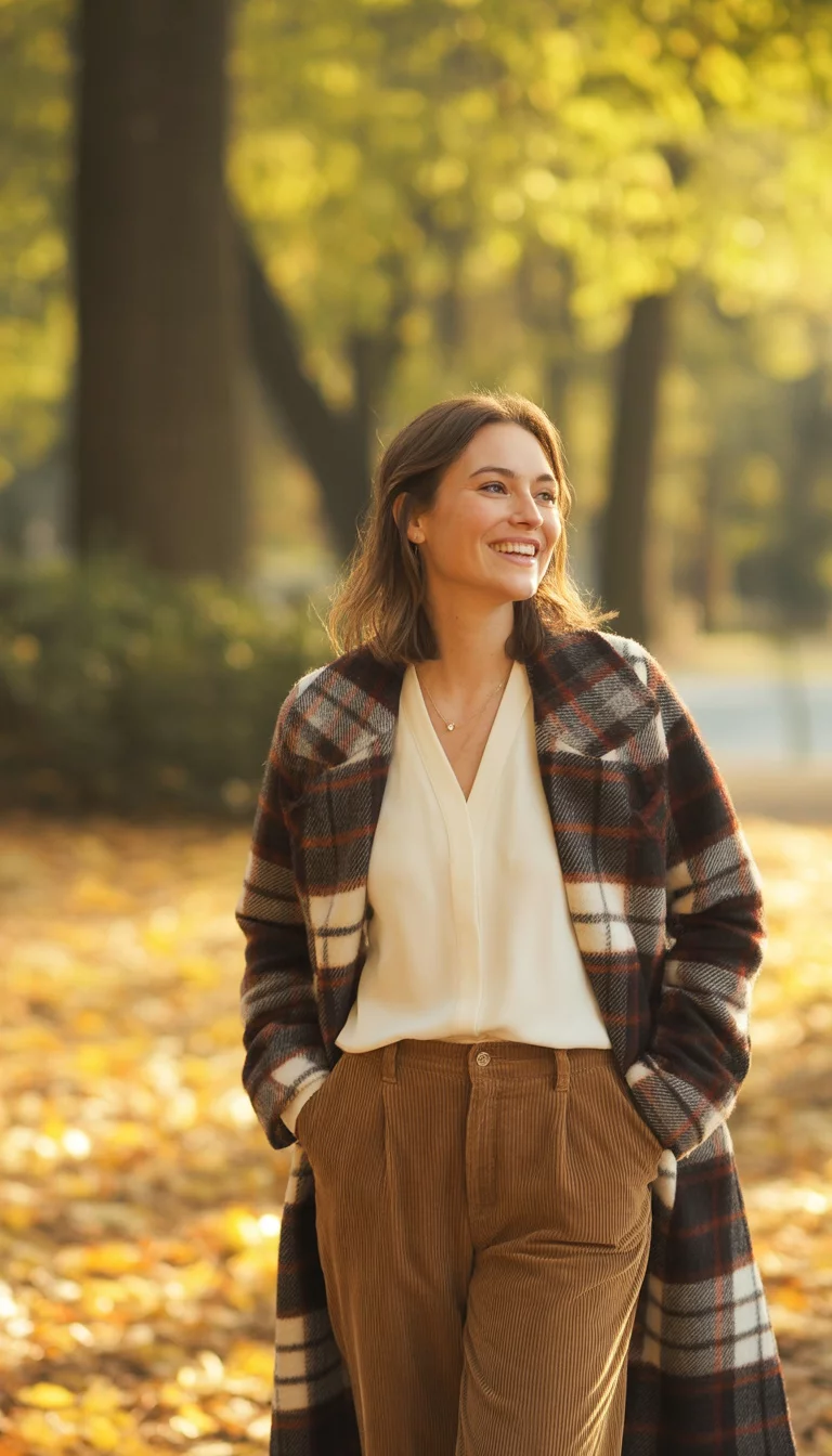 A beautiful 31-year-old woman in a plaid coat, white blouse, and brown corduroy pants, smiling in a park setting with fallen leaves.