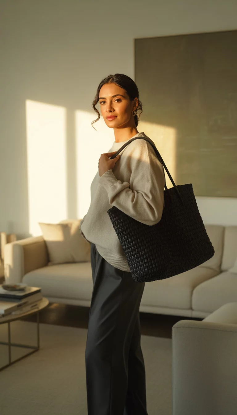 A beautiful 32-year-old woman in a cream sweater, black coat, and black wide-leg pants, carrying a large black woven tote bag indoors.