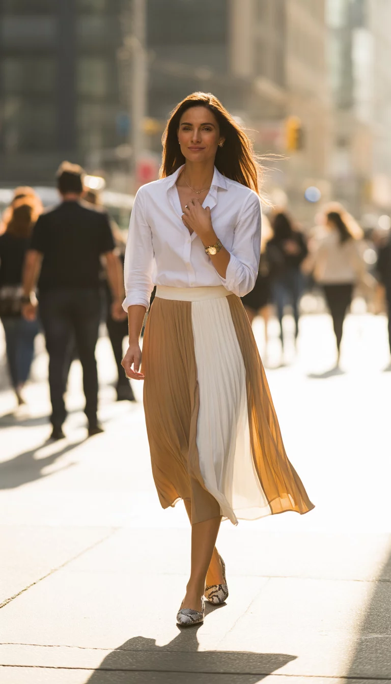 A beautiful 30-year-old woman in a white button-down shirt, a tan and white paneled skirt, and snake-print flats, walking on a city sidewalk.
