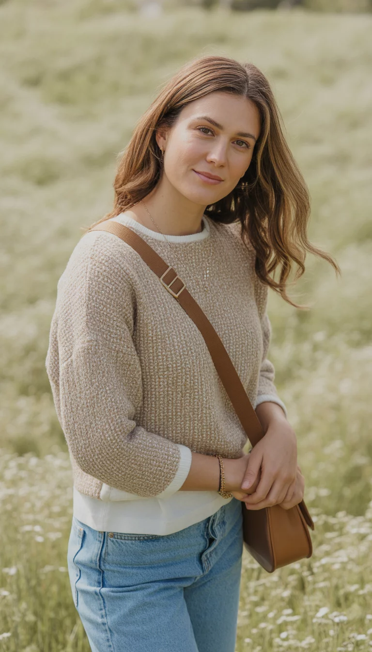 A beautiful 24-year-old woman in a beige textured sweater with white accents, light blue jeans, and a brown crossbody bag.
